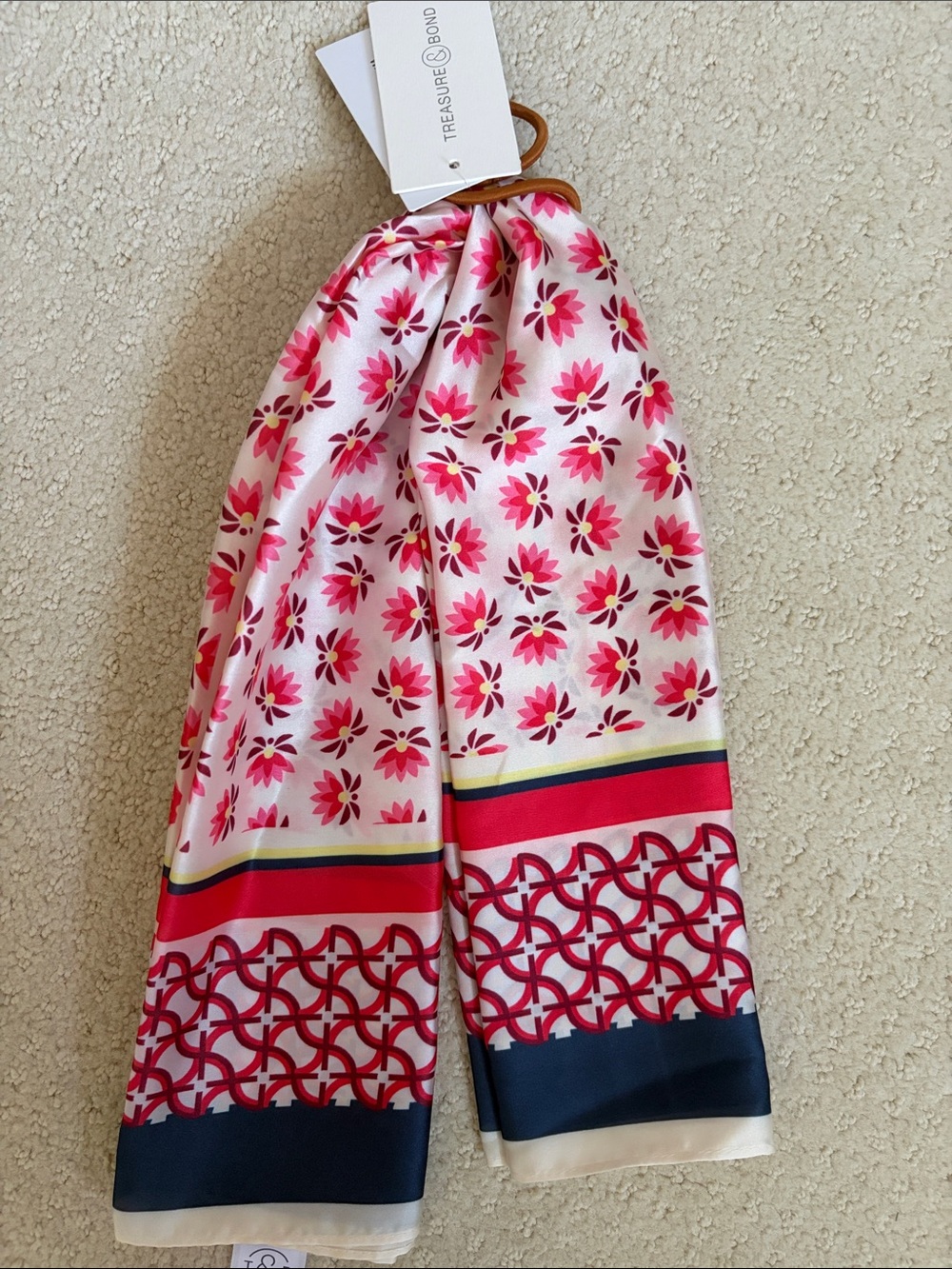 Treasure & Bond Pink Floral Patterned Scarf with Navy Border